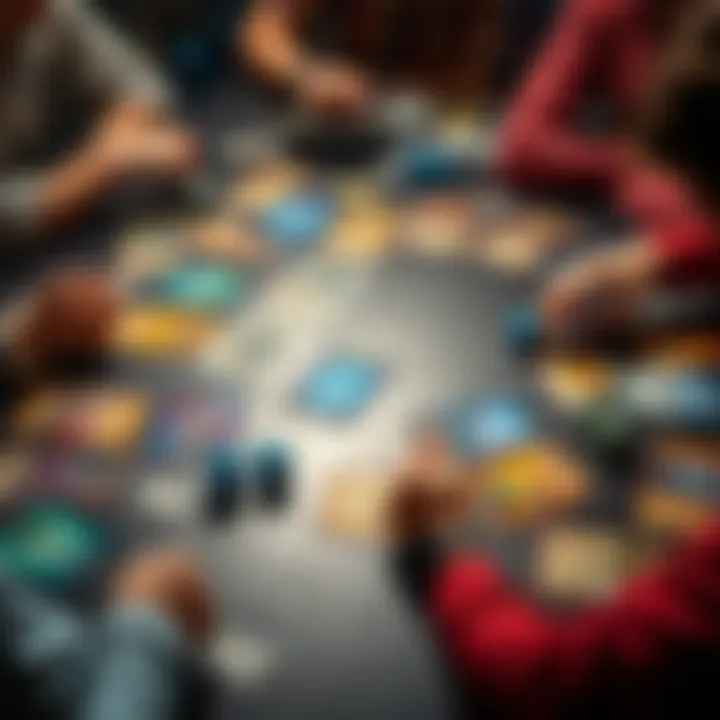 A collection of colorful trading cards laid out on a table, showcasing unique designs and artwork, with players engaged in thoughtful gameplay.