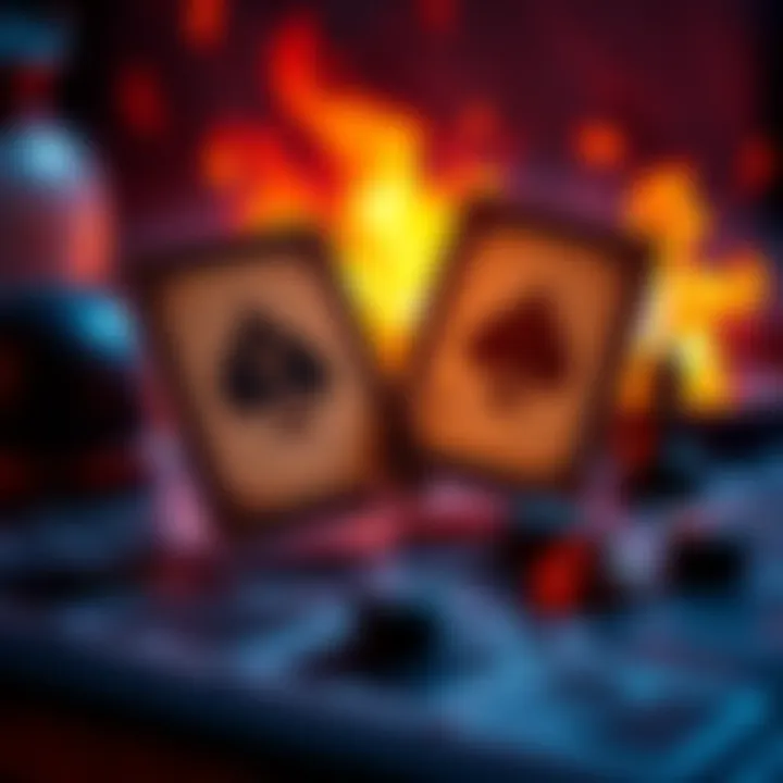 Two playing cards featuring a unique synergy combination on a table with strategic game pieces.