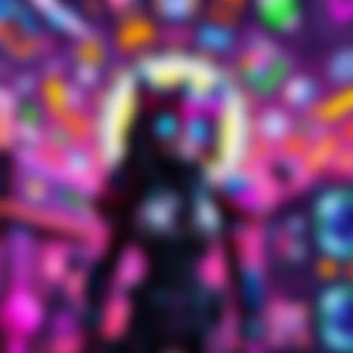 A cardboard cutout of D.Va, a game character, standing in front of a vibrant background filled with gaming elements