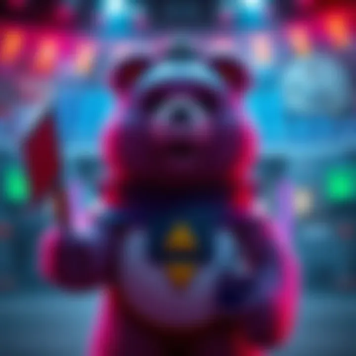 A stern Care Bear stands guard in a PvP arena, signaling a warning to competitors about the key room access.