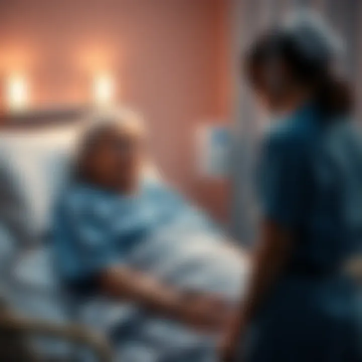 A worried caregiver stands by an unresponsive elderly woman in a hospital bed, looking anxious and uncertain about her condition.