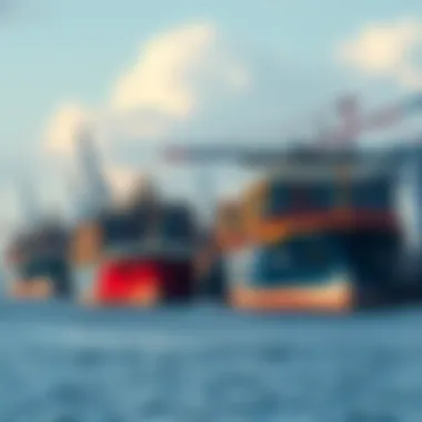 Several cargo ships docked at a bustling seaside port, with cranes and containers visible.