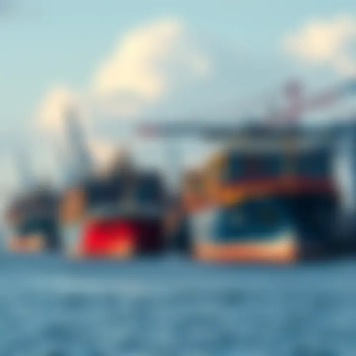 Several cargo ships docked at a bustling seaside port, with cranes and containers visible.