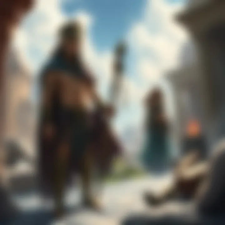 An illustration showing two Carian Demigods alongside Melina and Messmer, surrounded by ancient ruins and artifacts, depicting their legendary status.