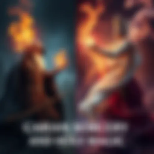 A mystical scene showing a Carian Sorcerer casting a spell on one side and a Holy Magic user channeling divine energy on the other, highlighting the contrast between the two forms of magic.