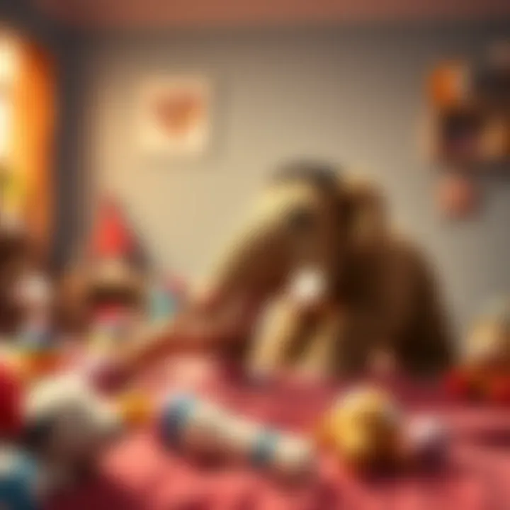 A person gently feeding a small baby mammoth while surrounded by playful toys and a cozy environment.