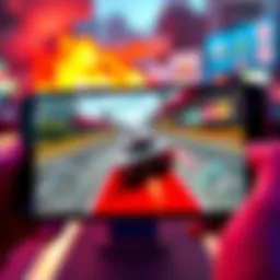 A smartphone displaying the Carmageddon game interface, with a racing car graphic and action elements visible.