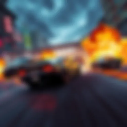 High-speed racing chaos with cars crashing and explosions in a vibrant game environment