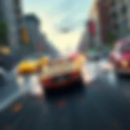 Carmageddon Rogue Shift Gameplay A chaotic car racing scene from Carmageddon: Rogue Shift showing multiple vehicles crashing and racing on a city street filled with obstacles.