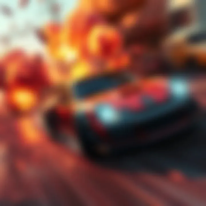 Carmageddon Rogue Shift Racing Scene A high-speed racing car crash amid chaos and debris, showcasing intense action from the game Carmageddon: Rogue Shift.