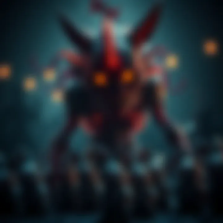 A scary Carnival Monster looms over a group of frightened Bunnies in a dark and eerie environment, capturing the tension of the horror strategy game.