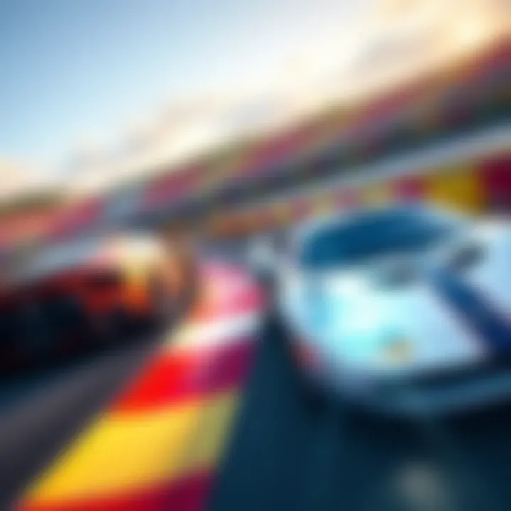 Two sleek racing cars compete on a colorful track, showcasing a thrilling race atmosphere in a video game setting.