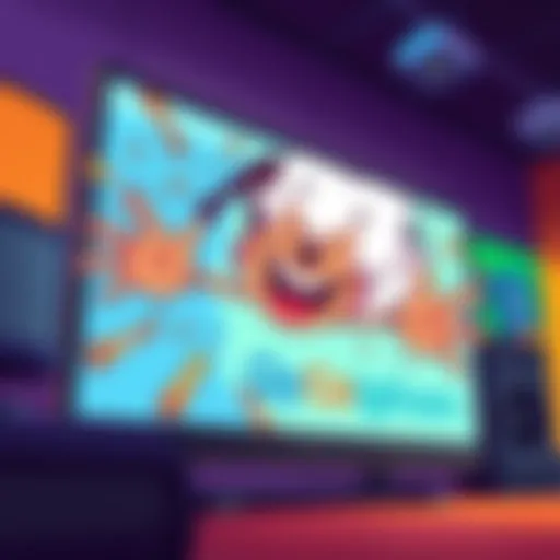 A cartoon character comically slamming into a large screen, with exaggerated expressions and colorful backgrounds, depicting a playful moment.