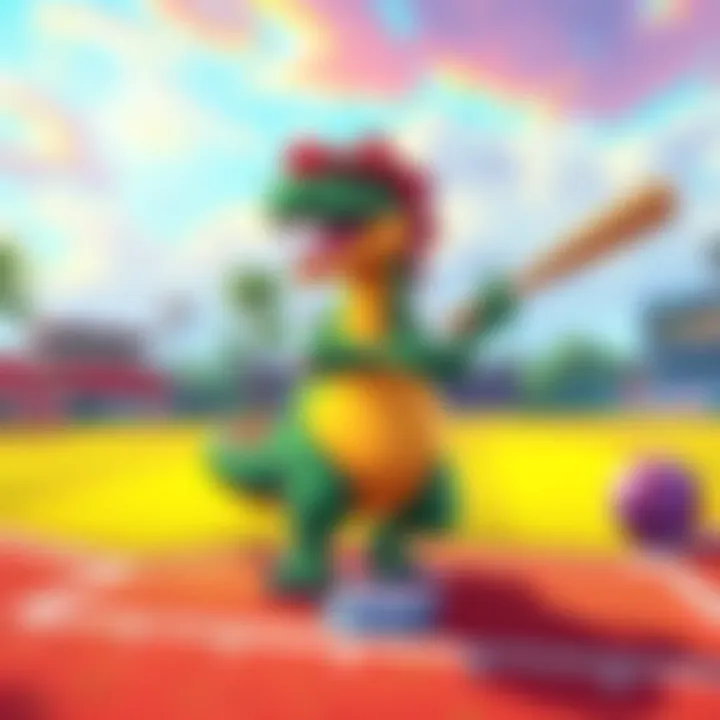 Cartoon Dinosaur Playing Baseball A colorful cartoon dinosaur swinging a baseball bat on a vibrant field