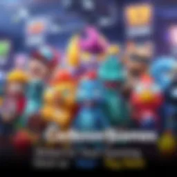 A group of vibrant cartoon characters from various games standing together, showcasing their unique designs and playful features in a lively gaming environment.