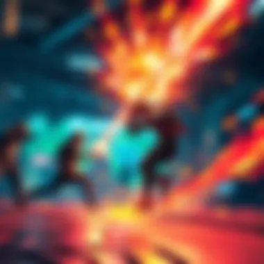 A player character engaging in an exaggerated cartoon-style battle with flashy effects and bright colors in a video game environment