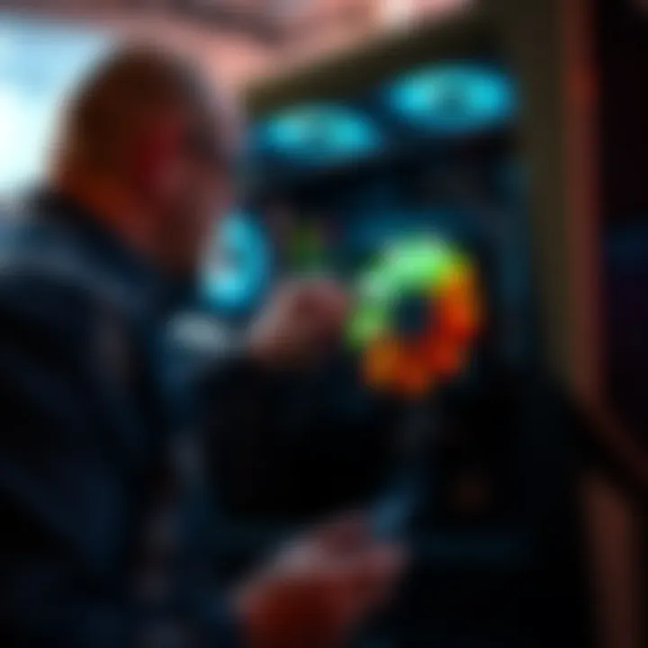 A person examining a computer case with an open side panel, looking at the internal case fan for issues.