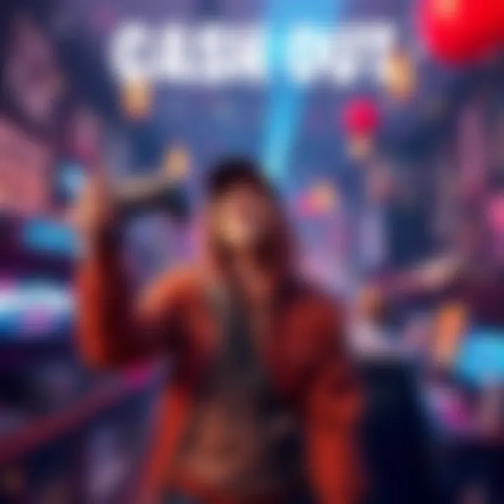 A gamer celebrates cashing out their last V-Bucks while holding a game controller, with a backdrop of gaming memorabilia and excitement in the air.