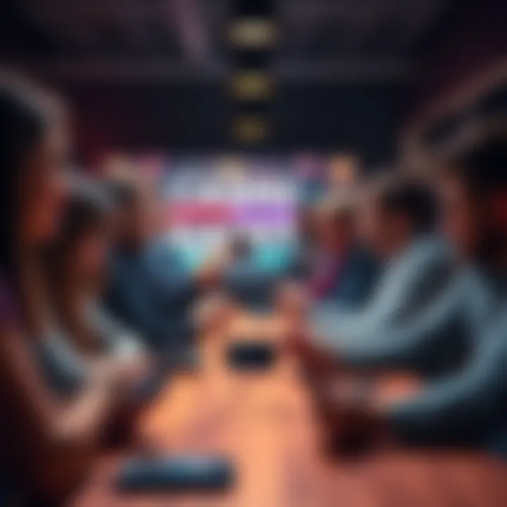 Group of people discussing Cashout gaming at a table with game controllers and smartphones