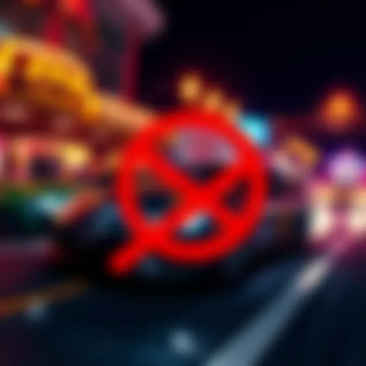 Illustration showing a crossed-out casino in Test Drive Unlimited Solar Crown, symbolizing the ban