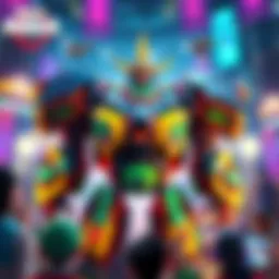 A colorful character design of Casino, showcasing his unique mech features, surrounded by fans discussing potential new heroes Overlord and Dae-hyun.