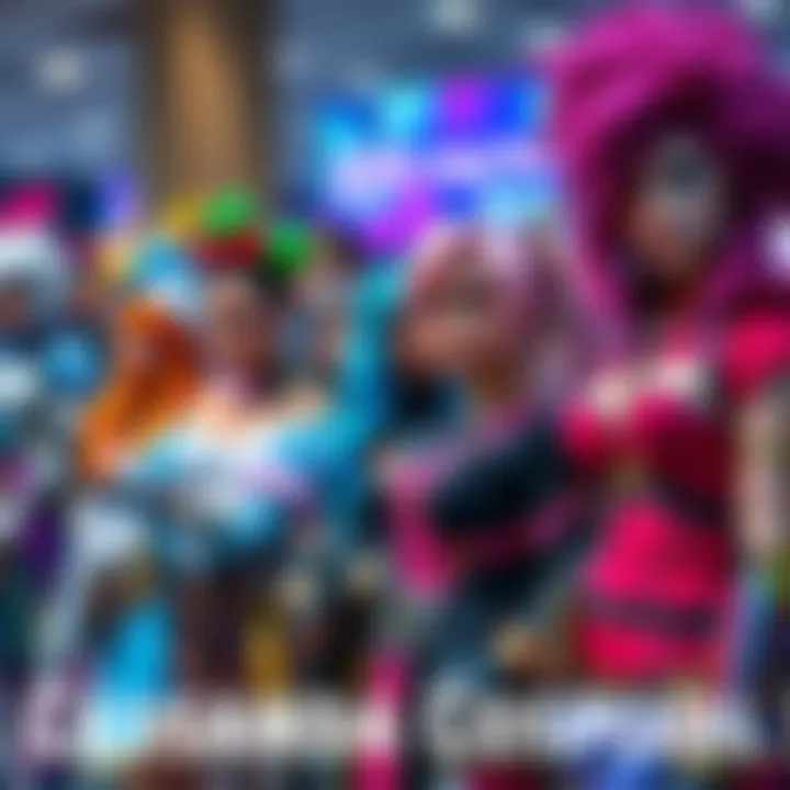 A group of fans dressed in various Cassandra cosplay outfits with colorful costumes and creative makeup at an event.