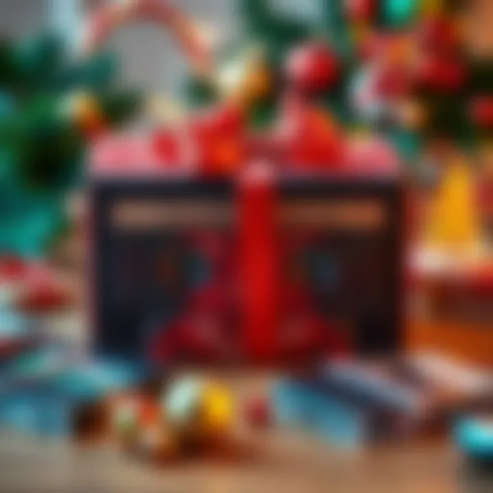 A vintage cassette player wrapped in festive holiday paper with a bow, surrounded by cassette tapes and Christmas decorations