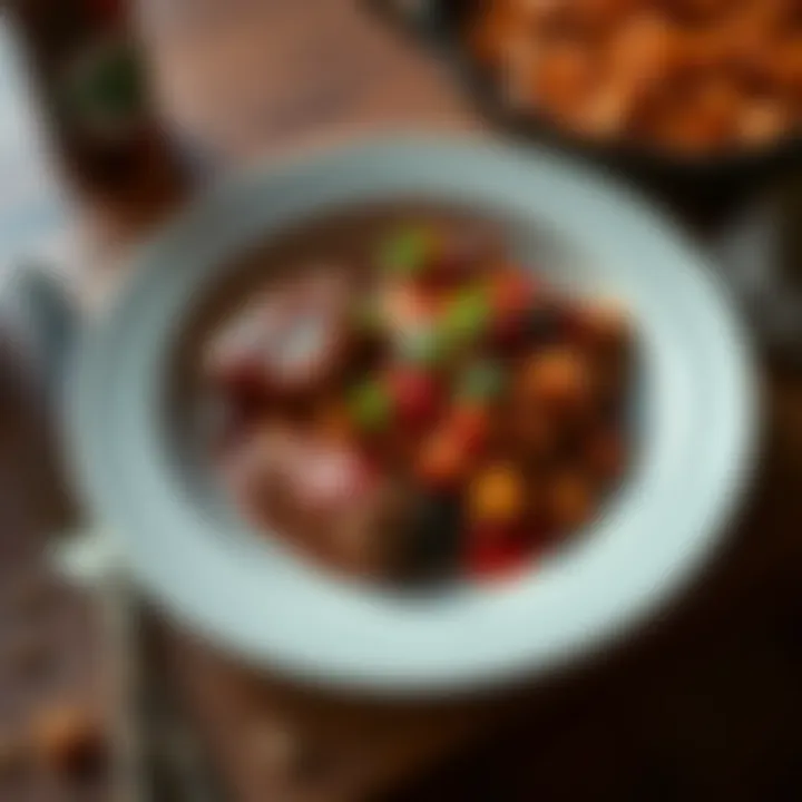 A plate of Cassidy's Carne Adovada featuring tender meat, vibrant red sauce, and garnished with fresh herbs, inspired by the Overwatch Cookbook.