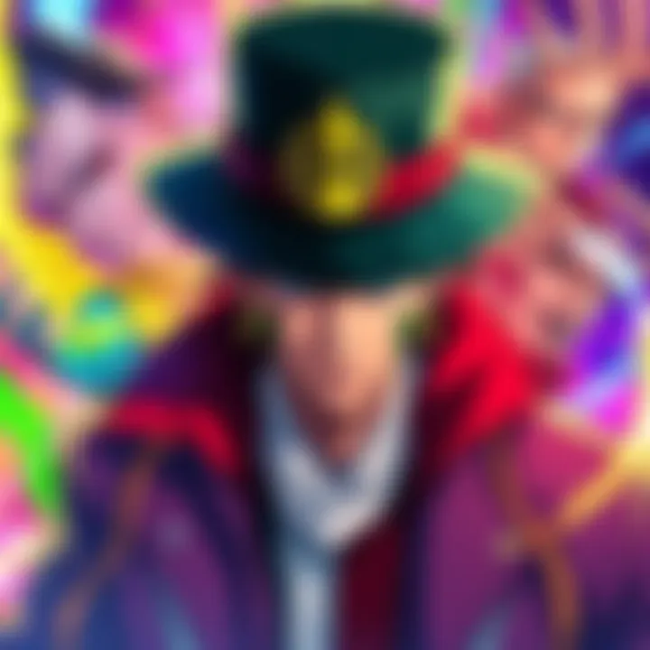 A detailed artwork of Jotaro Kujo, featuring his iconic hat and coat, surrounded by vibrant colors and dynamic poses. The artist, Cassidy, invites community feedback on this impressive piece.