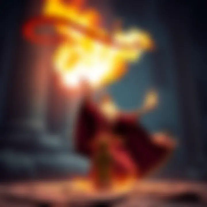 Casting a Fireball Spell A wizard casting a fireball spell while taller creatures are in the blast radius, ensuring a halfling remains unharmed