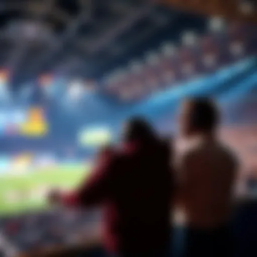 Two casting commentators analyzing a game, looking thoughtful with microphones in hand at a large event stage