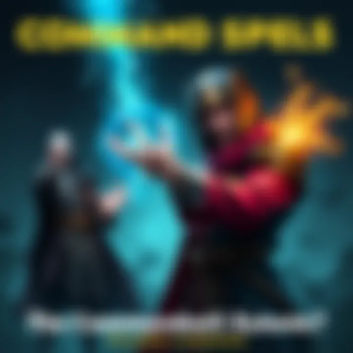 Casting a command spell A character gestures while casting a command spell, directing energy towards an ally and an enemy.