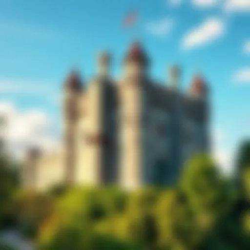 A medieval castle featuring visible air vents on its stone walls, surrounded by greenery and a clear sky