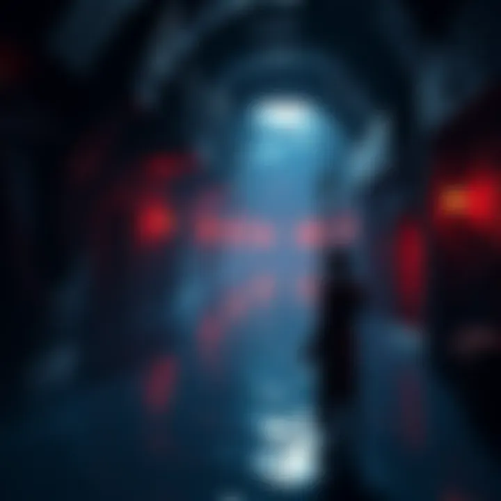 A character from Castlevania navigating through the dark and eerie Underground Waterway, surrounded by unsettling shadows and water reflections