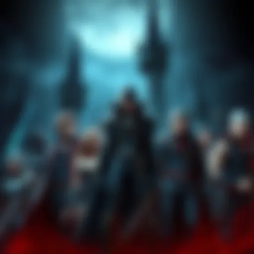 Various characters from the Castlevania series, including a vampire hunter and a vampire, standing against a dark castle backdrop.