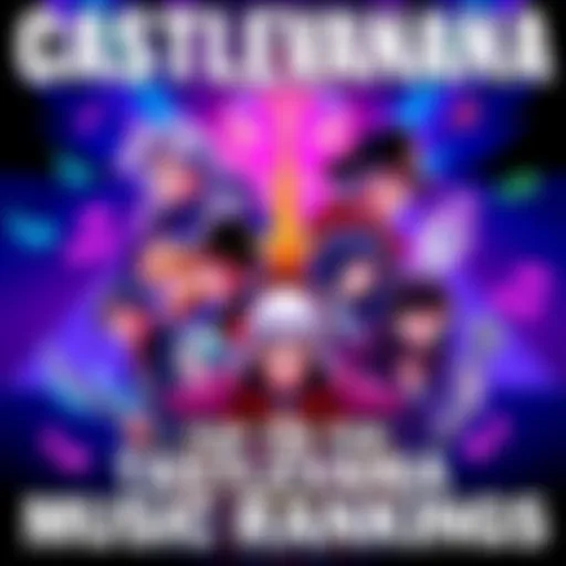 A vibrant illustration featuring various iconic characters from the Castlevania series with musical notes around them, indicating their background music.