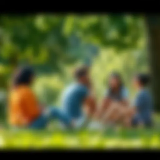 A group of friends chatting casually in a park, surrounded by greenery and enjoying a relaxed afternoon together.