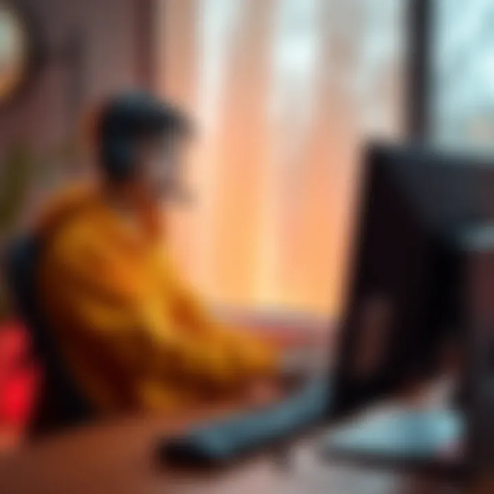 A young gamer sitting at a desk, playing shooter games on a computer with a headset, looking upbeat and friendly, symbolizing a search for casual gamers to connect with.