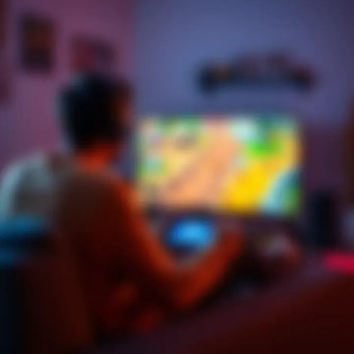 A person sitting on a couch playing a video game with a console, focused on the screen displaying an RPG game scene, showcasing colorful graphics and engaging characters