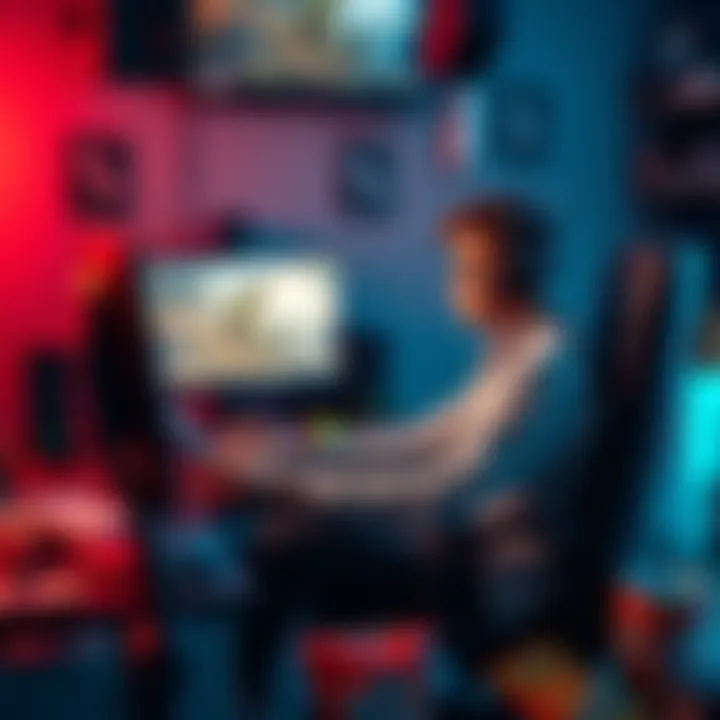 A casual gamer enjoying an MMORPG on a computer, surrounded by gaming accessories and snacks.