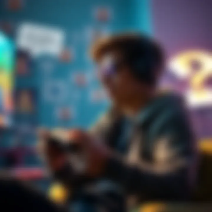 A casual gamer with a controller, looking for feedback on a game, surrounded by comments and question marks, representing online discussions