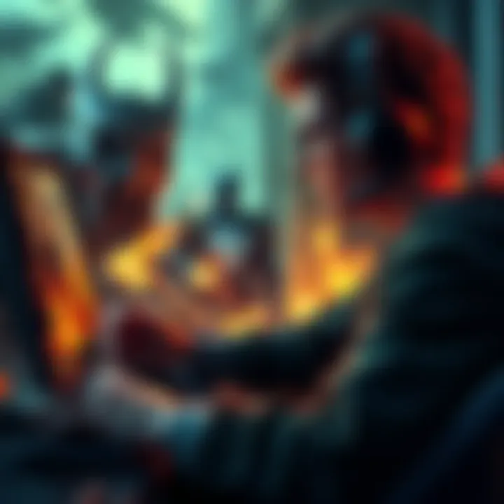 A casual gamer focuses on their screen, immersed in a challenging yet rewarding Souls game. The game's graphics showcase a fantasy world with detailed characters and environments.