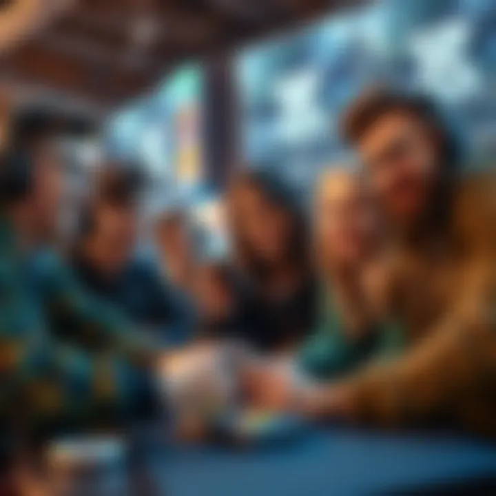 A group of casual gamers playing a friendly PVP game together, smiling and engaging with each other