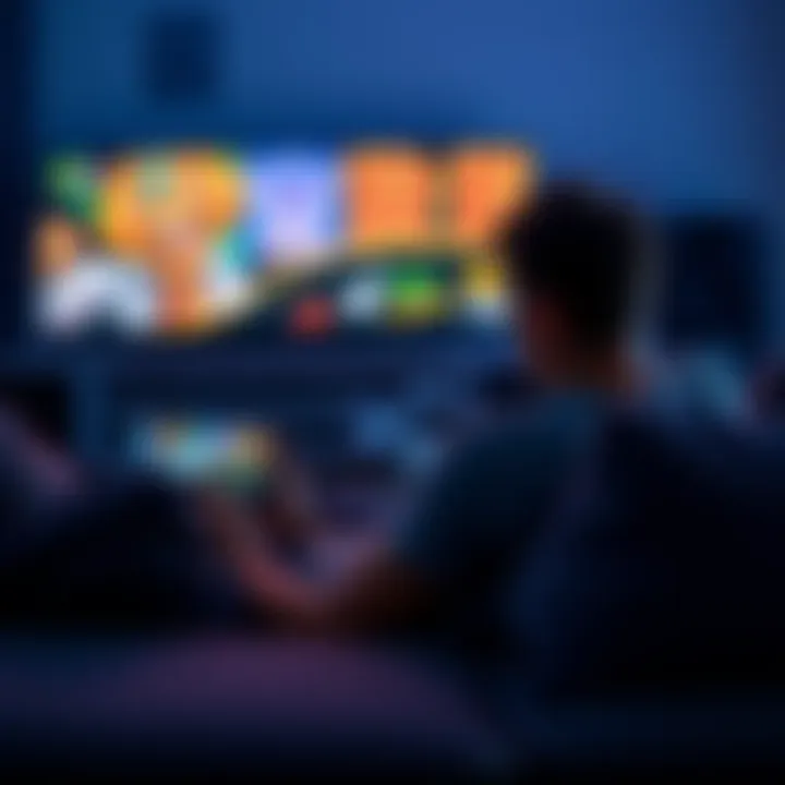 A person sitting comfortably on a couch, enjoying casual games on a tablet while watching a television show.