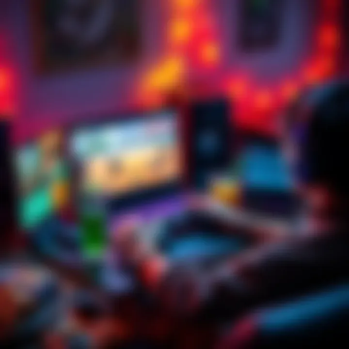 Casual gaming on a low-performance PC A person plays a fun Steam game on a low-performance laptop surrounded by snacks and drinks