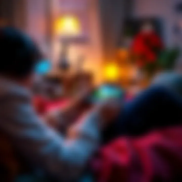 A cozy scene featuring a person playing a relaxing game on a handheld device, surrounded by a comfortable environment.