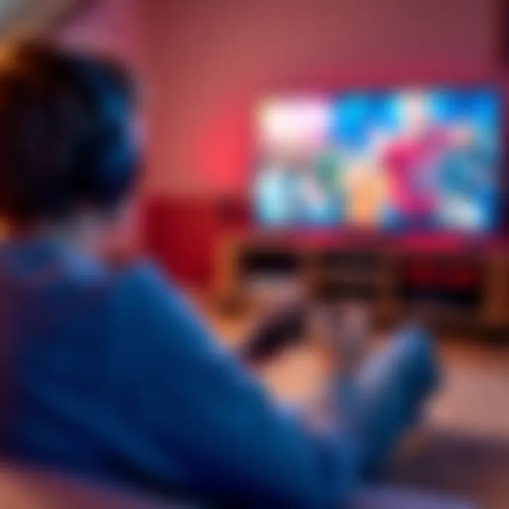 A person playing a video game on a console while sitting on a couch, with a TV showing a popular show in the background