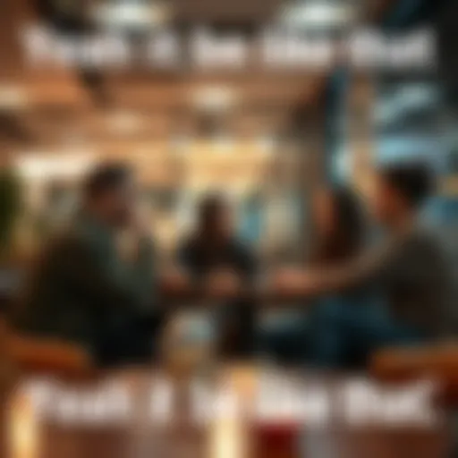 A group of friends chatting casually in a coffee shop, sharing relatable moments, embodying the phrase 'Yeah it be like that'.