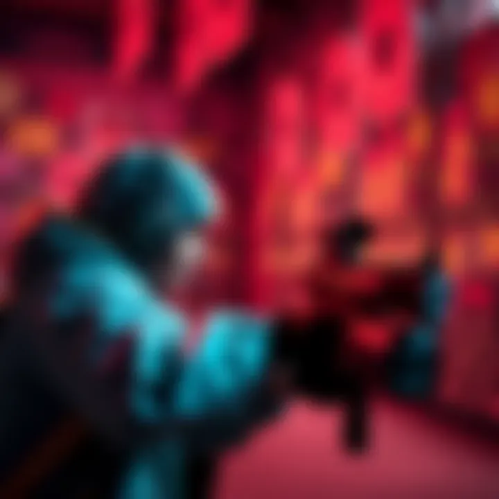 A character in a colorful FPS game shooting at targets while having fun.