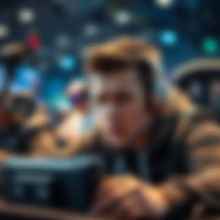 A casual gamer looks frustrated while playing a competitive game with experienced players and challenging bots surrounding him.